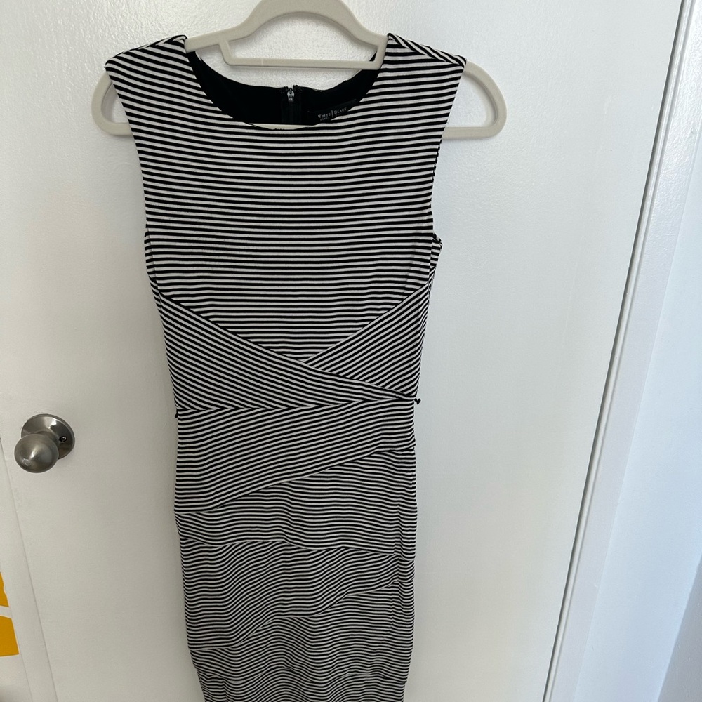 WHBM Fitted Black White Horizontal Line Dress